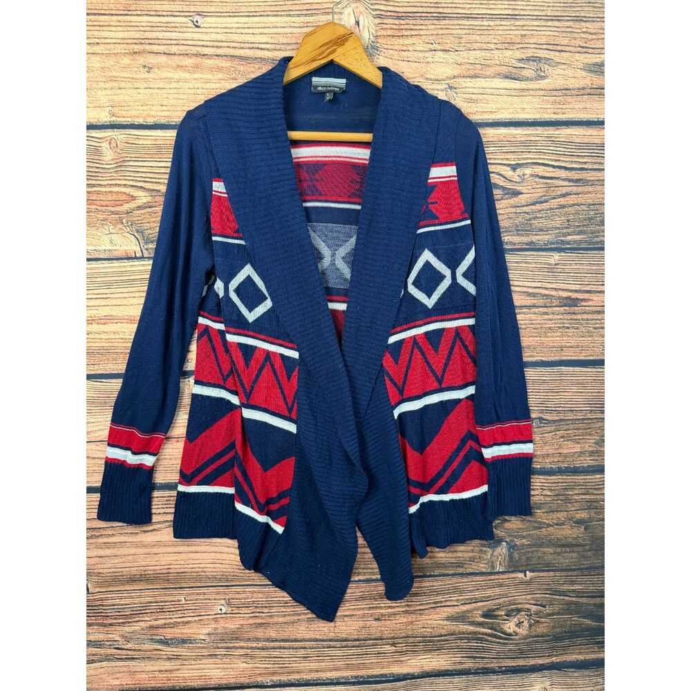 Allison Brittney Cardigan Womens L Navy Red Tribal Aztec Open Front #4665